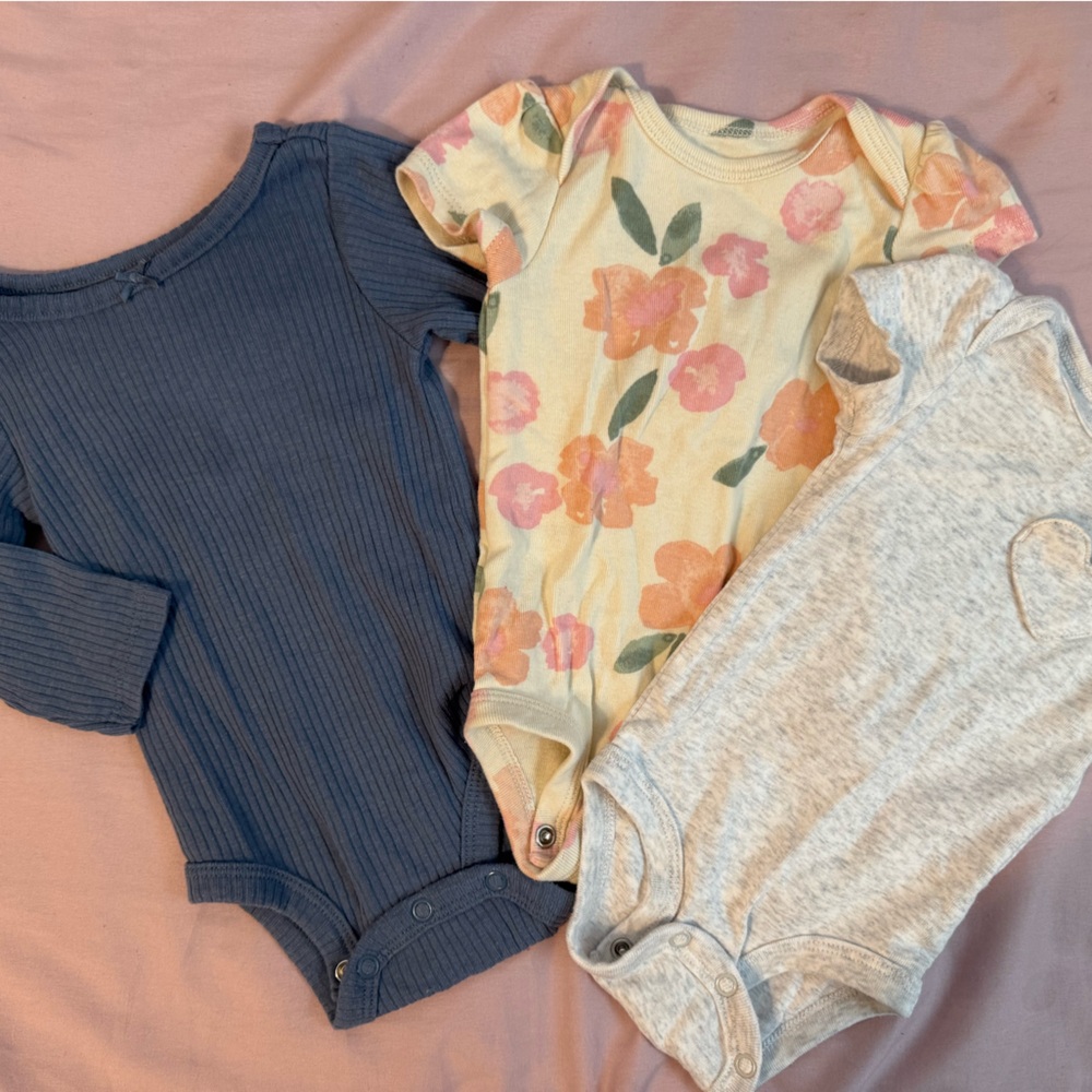 3-Pack Baby Bodysuits - Heather Gray, Floral Cream, Navy Rib